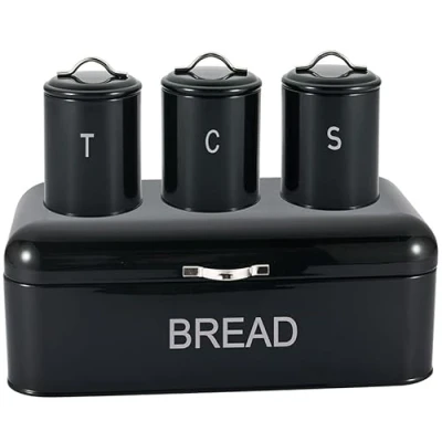 Image of Stainless Steel 4pc Bread Bin Set Kitchen Tea Sugar Coffee Jar Canister (Black)