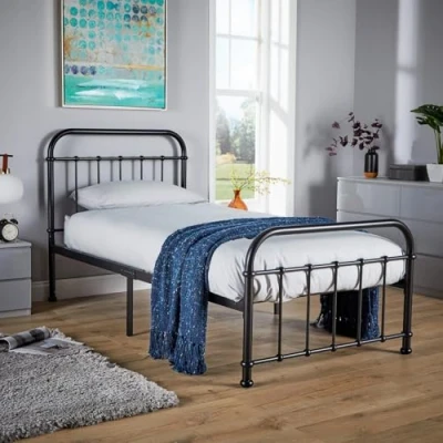 Image of Home Source Black Metal Bed Frame, Platform Design with Headboard and Footboard, Hospital Style, Solid Bar Slats, 3ft Single