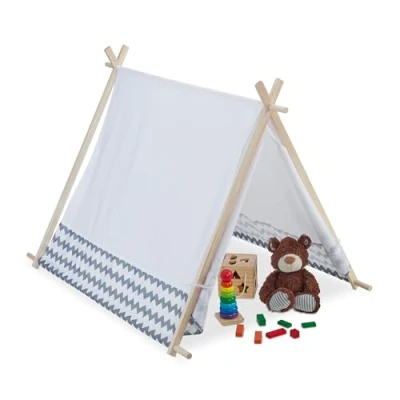 Image of Relaxdays 10035301 Children&#039;s Play Tent, with Window, Wigwam, HWD: 92 x 120 cm, Indoor, Wooden Frame, Playroom, White/Grey