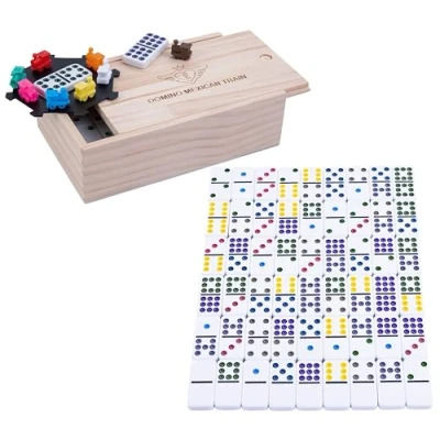 Image of Engelhart 250127 Mexican Train Dominoes Set D9 Premium Quality 55 Thick 9mm + 8 Colorful Trains 2 to 4 Players