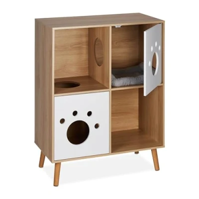 Image of Relaxdays Cat Cabinet, 4 Compartments, XXL Wooden Cupboard Design, Litter Box, HxWxD: 96 x 75 40 cm, Natural/White, Fibreboard