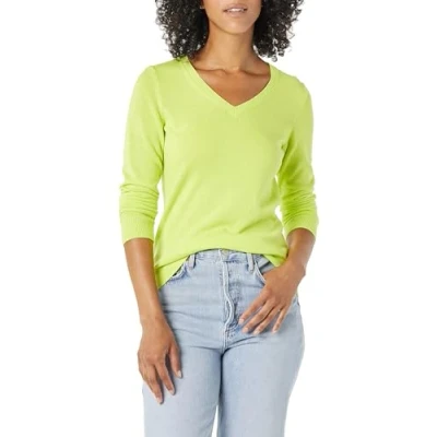 Image of Amazon Essentials Women&#039;s Classic Fit Lightweight Long Sleeve V Neck Jumper (Available in Plus Size), Neon Yellow, M