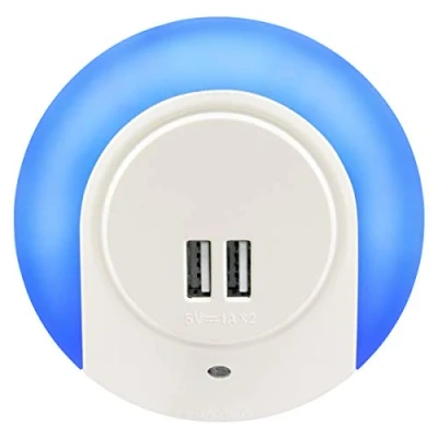 Image of Plug in LED Night Light with 2 USB Port Charger 1w Blue Automatic Sensor Dusk to Dawn for Bedroom Childrens Room Hallways Living Rooms A78B