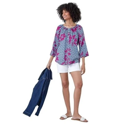 Image of Roman Floral Tile Print Top for Women UK Ladies Spring Everyday Summer Holiday Round Neckline Comfy 3/4 Sleeve Soft Button Detail Shirt Vacation Day Out Blouses Denim Size 12