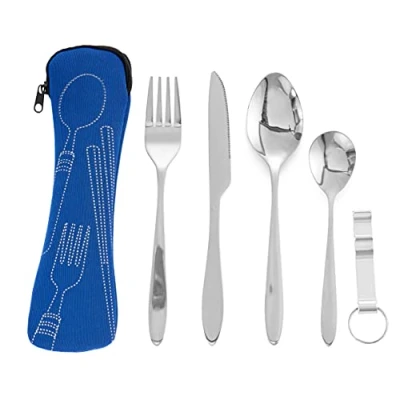 Image of Bramble 5 Piece Premium Stainless Steel Portable Cutlery Set with Pouch Case, Outdoor Travel Camping Utensil Blue