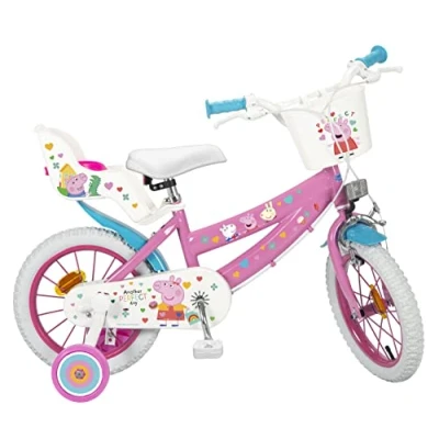 Image of Toimsa Peppa Pig, 14 inch Bicycle/Kids Bike, with Basket, Doll Seat and Training Wheel Stabilisers, for children/youth age 4 6 Years, Light Blue, White Pink