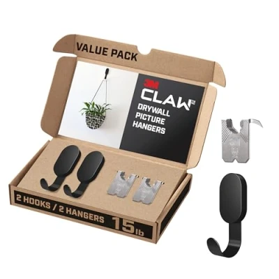 Image of 3M CLAW 15 lb. 2 Drywall Black Hooks &amp; Extra Picture Hangers, Heavyweight Hanging Solution for Backpacks, Jackets, Pictures and Room Decor, Cute Wall 4 Pack