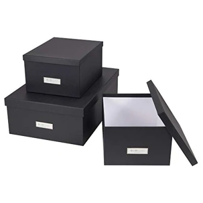 Image of Bigso Box of Sweden Set 3 Storage Boxes with Lids Organiser for Clothes, Office Equipment and More Wardrobe Labels Bedding or Seasonal Clothing Dark Grey