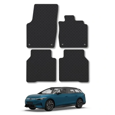Image of Rubber Car Mats Compatible with VW ID.7 Tourer (2023+) Tailored Fit Floor Liner Set Accessory Black Custom 4 Pieces Anti Slip Backing, Heavy Duty &amp; Waterproof, Easy Clean