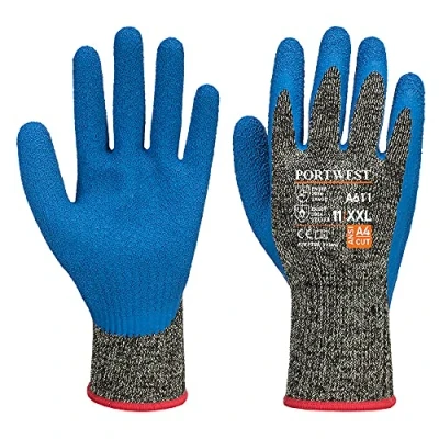 Image of Portwest Aramid HR Cut Latex Glove, Color: Black/Blue, Size: M, A611K4RM