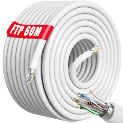 Image of Cat 6 Ethernet Cable Outdoor Indoor 60m, Waterproof Network Bulk Shielded 23AWG High Speed Gigabit LAN Internet CCA, FTP Anti jamming, Flame Retardant White