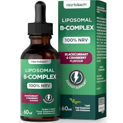 Image of Vitamin B Complex Liquid Drops 60mL 100% NRV High Strength Liposomal with 8 Vitamins Blackcurrant &amp; Cranberry Flavour Vegan by Horbaach
