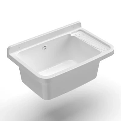 Image of Adventa: Washbasin in PP Resin Wall Fixing with Siphon and Drain, Acid Resistant for Common Use, Laundry, Garage, Outdoor, 57L x 36.5D 16H cm, White