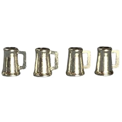 Image of Melody Jane Dolls House 4 Pewter Beer Tankards Mugs Miniature 1:12 Scale Pub Bar Accessory