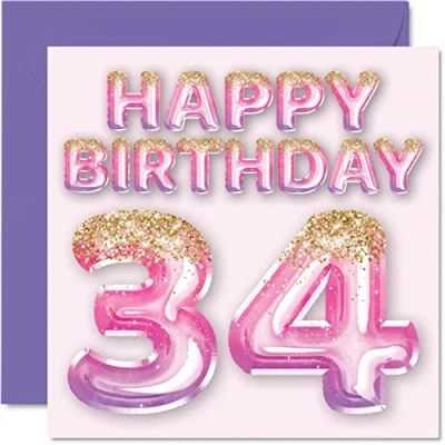 Image of 34th Birthday Card for Women Pink &amp; Purple Glitter Balloons Happy Cards 34 Year Old Woman Friend Sister Mum Auntie, 145mm x Thirty Four Fourth Bday Greeting Gift