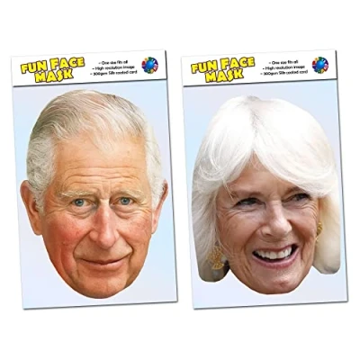 Image of Twin Pack King Charles III &amp; Camilla Queen Consort Royal Family Celebrity Face Mask Ready To Wear Perfect For Coronation Parties C