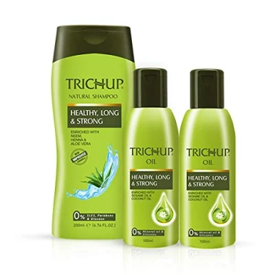 Image of Trichup Long Hair Care or Growth Kit Healthy &amp; Strong Oil (200ml x 2), Shampoo (200ml) (PACK OF 3)