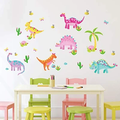 Image of Kids Dinosaur Park Jurassic Pink T Rex Dino 33 Peel and Stick Wall Stickers Bedroom Décor Decal