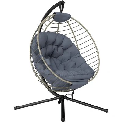 Image of Outsunny PE Rattan Swing Chair, Outdoor Hanging Chair with Metal Stand, Thick Padded Cushion, Foldable Basket and Cup Holder, for Indoor Outdoor, Grey