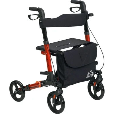 Image of HOMCOM 4 Wheel Rollator with Seat and Back, Folding Mobility Walker Carry Bag, Adjustable Height, Dual Brakes, Cane Holder, Lightweight Aluminium Walking Frame for Seniors Disabled, Red