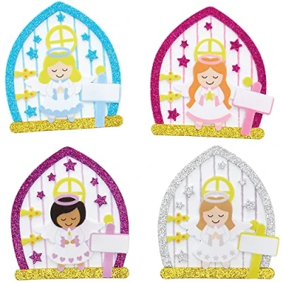 Image of Baker Ross FX276 Angel Fairy Door Kits Pack of 4, Christmas Decoration Craft Kit for Kids, Kids Foam Sticker