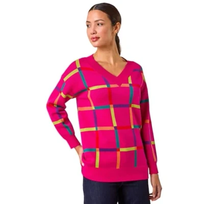 Image of Roman Originals Grid Pattern V Neck Knit Jumper for Women UK Ladies Everyday Autumn Winter Round Neckline Comfy Soft Evening Vacation Work Party Night Out Fuchsia Size 10