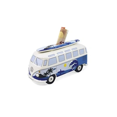 Image of BRISA VW Collection Volkswagen Savings Bank Piggy Money Coin Box with Surfboard in T1 Bus Samba Design (Surf/Blue)