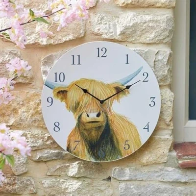 Image of Marco Paul Highland Cow Hand Painted Wall Clock Indoor And Outdoor Clocks For Garden Decor Home Waterproof, Large, Durable, Analog, Animal Theme Living Room, Kitchen,