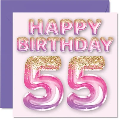 Image of 55th Birthday Card for Women Pink &amp; Purple Glitter Balloons Happy Cards 55 Year Old Woman Mum Nanny Grandma Gran Auntie, 145mm x Fifty Five Fifth Bday Greeting Gift