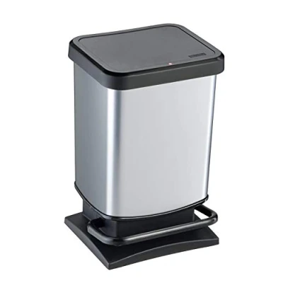 Image of Rotho Paso trash can 20l with lid, plastic (PP) BPA free, silver metallic, 20 liters (29.3 x 26.6 45.7 cm)