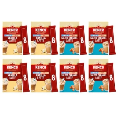 Image of Kenco Iced Hot Latte Instant Coffee Sachets, Vanilla and Salted Caramel Variety Pack, 8 Packs