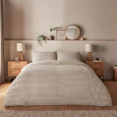 Image of Silentnight Supersoft Textured Duvet Set Luxury Waffle Soft &amp; Cosy Tufted Details Stylish Modern Quilt Cover + Pillowcase Bed Easy Care Fabric with Button Fastening, Double, Natural