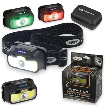 Image of NGT Head Torch Headlamp Fishing Red Green White 330 LMS Rechargeable Sensor Beam