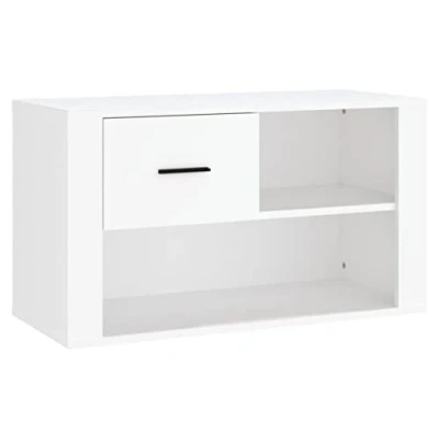 Image of vidaXL White Shoe Cabinet of Engineered Wood Modern Style with 2 Compartments and Drawer for Various Types Extra Storage