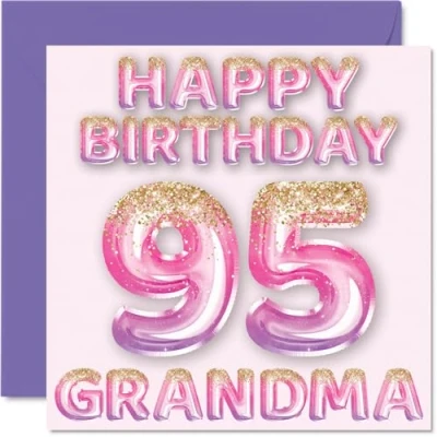 Image of 95th Birthday Card for Grandma Pink &amp; Purple Glitter Balloons Happy Cards 95 Year Old from Grandson Granddaughter, 145mm x Bday Greeting Gift
