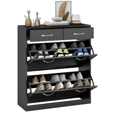 Image of HOMCOM Narrow Shoe Cabinet, Slim Storage Cabinet with 2 Flip Drawers, Slide Out Drawers and Adjustable Shelves for 12 Pairs of Shoes Entryway Hallway, Black