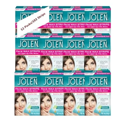 Image of 192 Strips Jolen Face Wax for Upper Lips, Chin and Brows Sensitive Skin Dermatologically Tasted Pack of 12 Value
