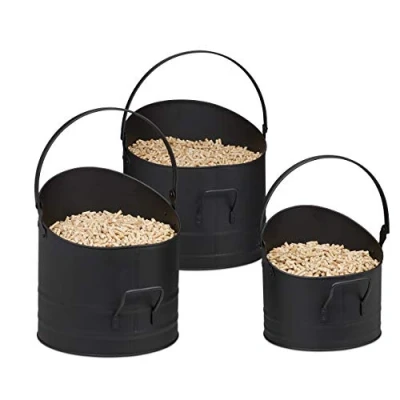 Image of Relaxdays Pellet Bucket Set of 3, Diameter 21, 25 and 30 cm, Handle &amp; Foldable Handle, Metal Charcoal Bucket, Fireplace Accessories, Black