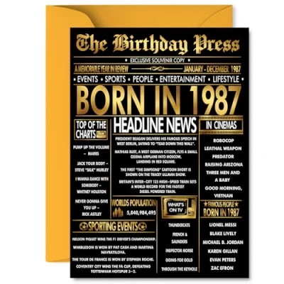 Image of Gold 38th Birthday Card for Men Women Black &amp; Golden Newspaper Born in 1987 Happy 38 Cards Colleague Husband Friend Uncle Auntie Nephew, 5x7 Inch Bday Greeting