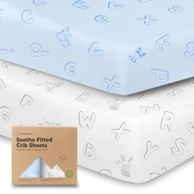 Image of 2 Pack Jersey Fitted Baby Crib Sheets Soft &amp; Breathable for Boys and Girls Fits Standard Nursery Mattresses Neutral Sheet Set (ABC Land Sky)