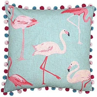 Image of Riva Paoletti Square Feather Filled Cushion Blue and Pastel Pink Flamingo Print on Linen Fabric Pompom Edges 100% Polyester Case (20&quot; x 20&quot; inches), Synthetic, Duck Egg, 50 50cm