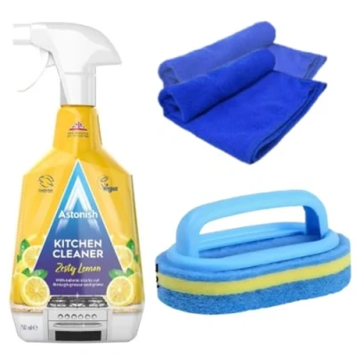 Image of Astonish Kitchen Cleaner with Scrubber + 2 Microfibre Cleaning Cloth Products, Antibacterial Spray, Products