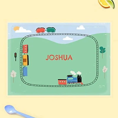 Image of dotty about paper Personalised kids Placemat Train Track. Dinner Table Mat, Children, Wipeable placemat, Cute, Bright, Colourful, Dinnertime, Fun Design, Durable.