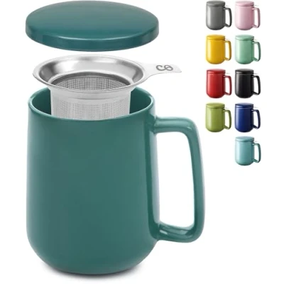 Image of Cosumy Tea Cup with Infuser and Lid 500ml Large Ceramic Mug Long Warmth Scratch Resistant Dishwasher Safe (Dark Green)