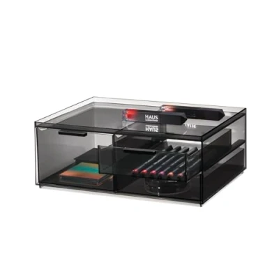 Image of iDesign 3 Drawer Makeup Box from the Signature Series by Sarah Tanno, Wide RPET Organiser Storage, Smoke/Matte Black