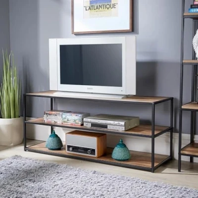 Image of Home Source Compact TV Unit Media Stand, Open Storage Shelves, Black Metal Frame, Oak Effect Finish, 120cm, Engineered Wood