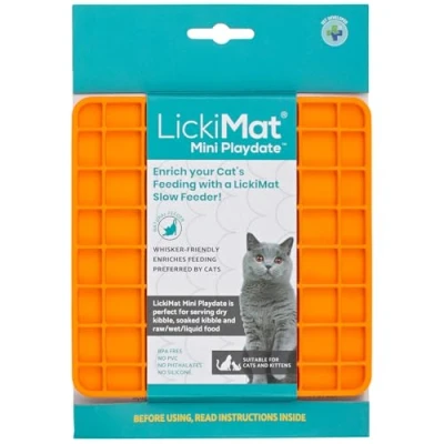 Image of LickiMat Mini Classic Playdate Cat Food Mat, Slow Feeder for Boredom &amp; Anxiety Relief Cats, Perfect Food, Treats, Yoghurt Peanut Butter, Fun Alternative to a Feeding Bowl, Orange