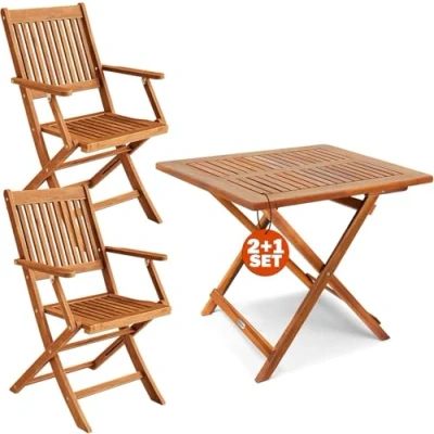 Image of CASARIA® 3 Piece Balcony Furniture Set for 2 Persons Weatherproof FSC® certified Acacia Wood 2x Foldable Chairs 160kg Capacity 1x Folding Table Garden Patio Brown