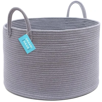 Image of OrganiHaus Grey Storage Basket, Blanket Basket for Living Room, Round Cotton Rope Toy Large Laundry Dirty Clothes, Woven 50x33cm