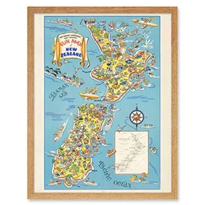 Image of Artery8 1938 Pictorial Map Fun Of New Zealand Art Print Framed Poster Wall Decor 12x16 inch